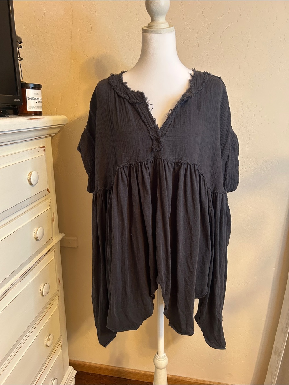 Free People We The Free Black Gauze Tunic Top Small Boho Oversized Raw Hem